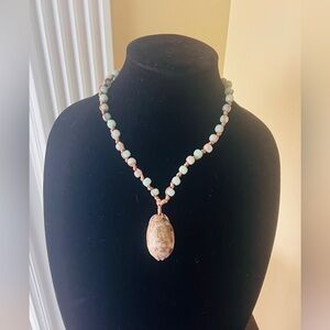 Mint Green Bead Necklace with Rose Gold Accents and Natural Stone Pendant